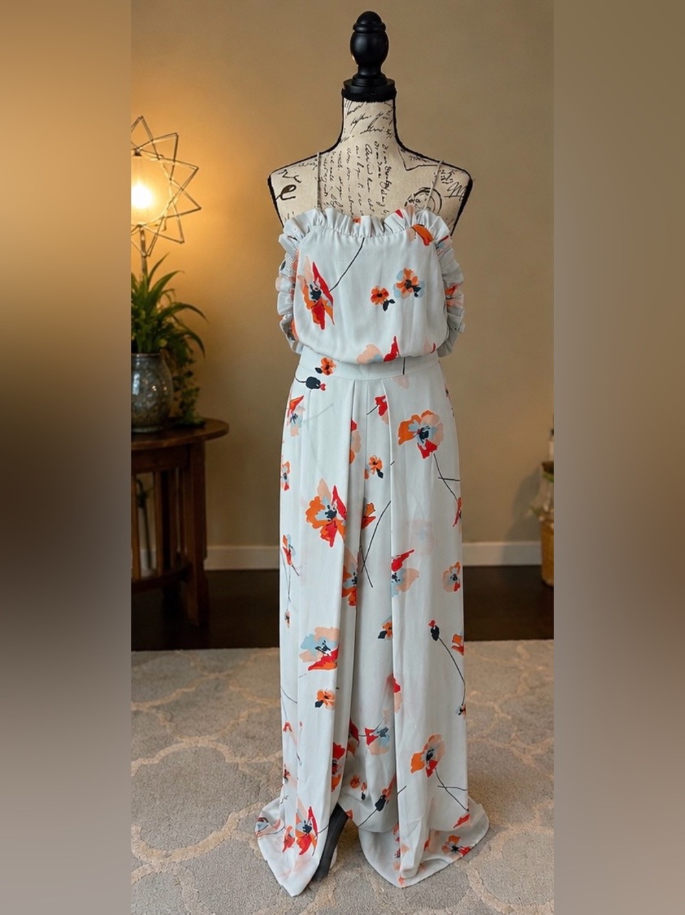 Anthropologie Paper Crown Poppy Floral Ruffle Jumpsuit 4P Petite
